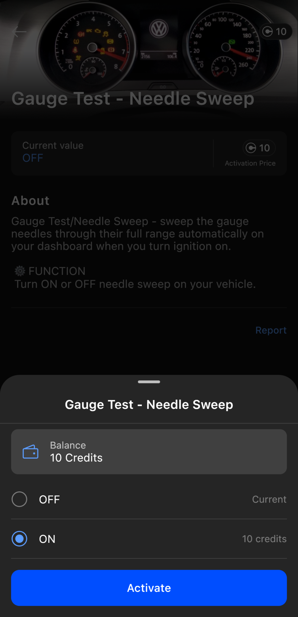 OBDeleven Gauge Test Needle Sweep activation screen on a Skoda Rapid with 10 credits in the balance