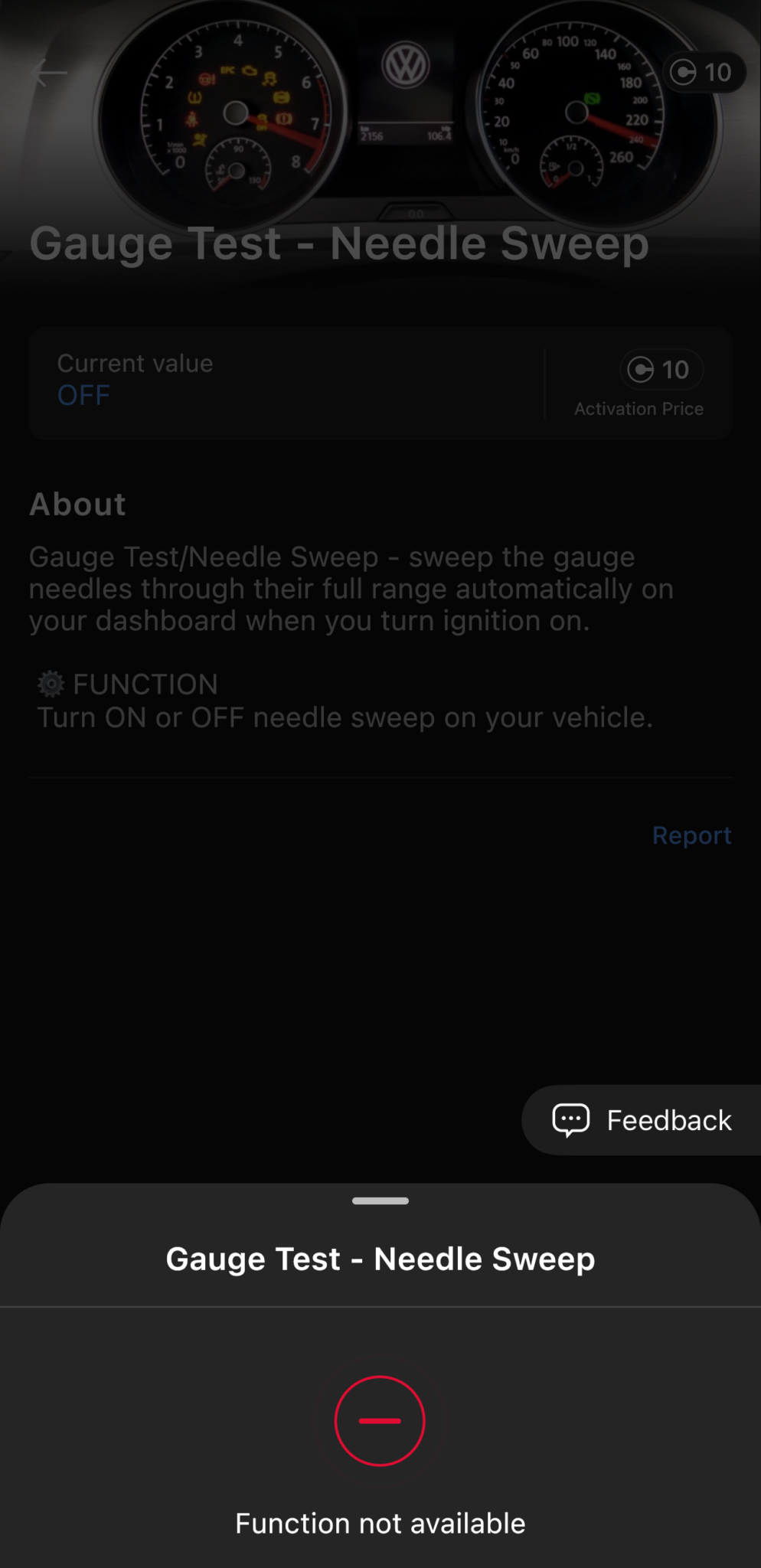 OBDeleven "Function not available" error after activating the needle sweep on a Skoda Rapid