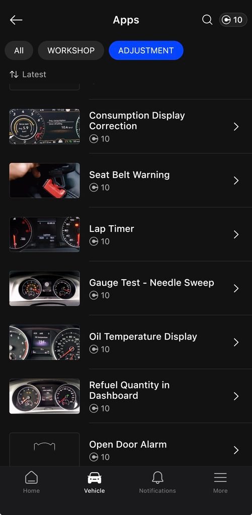 OBDeleven One-Click Apps list for a 2021 Skoda Rapid with credit prices from 1 to 10 shown on each app