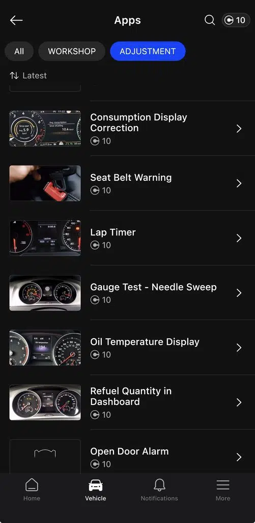 OBDeleven One-Click Apps list for a 2021 Skoda Rapid with credit prices from 1 to 10 shown on each app