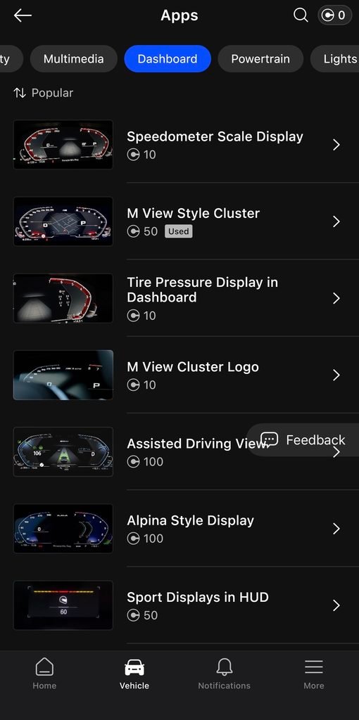 OBDeleven One-Click Apps for a BMW X5 priced at 50 credits, including M View Style Cluster