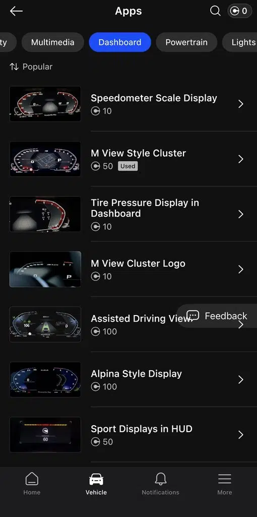 OBDeleven Powertrain One-Click Apps for a 2020 BMW X5, some priced at 50 credits