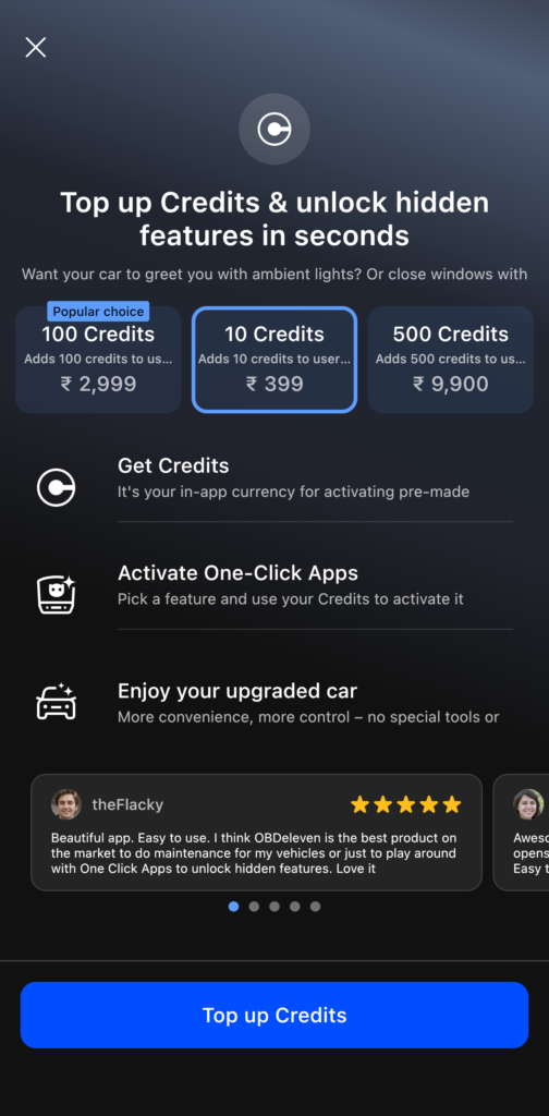 OBDeleven app credit packs in India: 10 credits ₹399, 100 credits ₹2,999, 500 credits ₹9,900