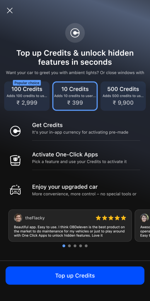 OBDeleven credit pack prices shown in the app in India: 10, 100 and 500 credits