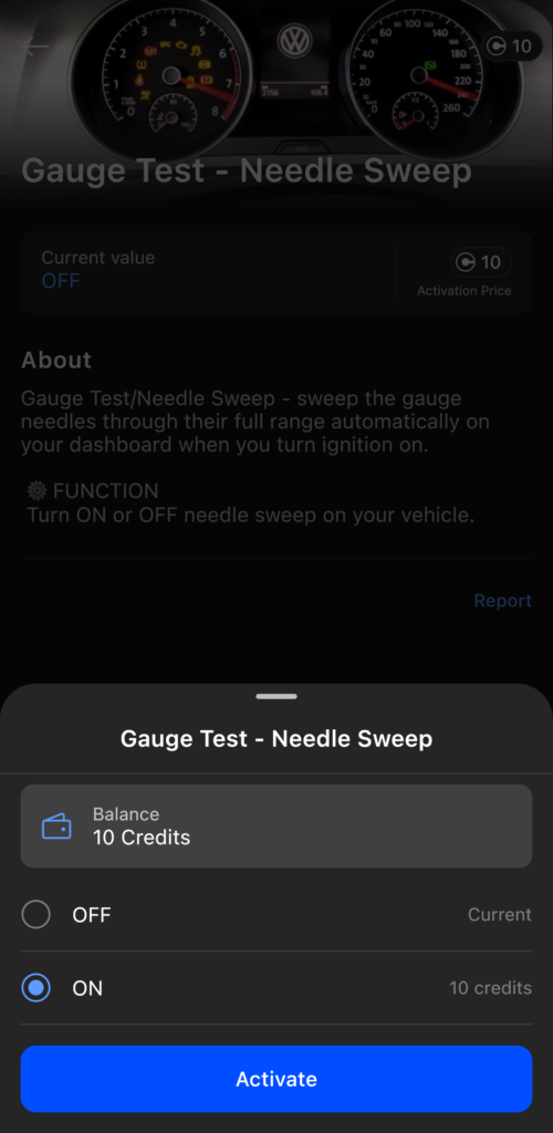 OBDeleven One-Click App activation on Skoda Rapid showing ON and OFF choices