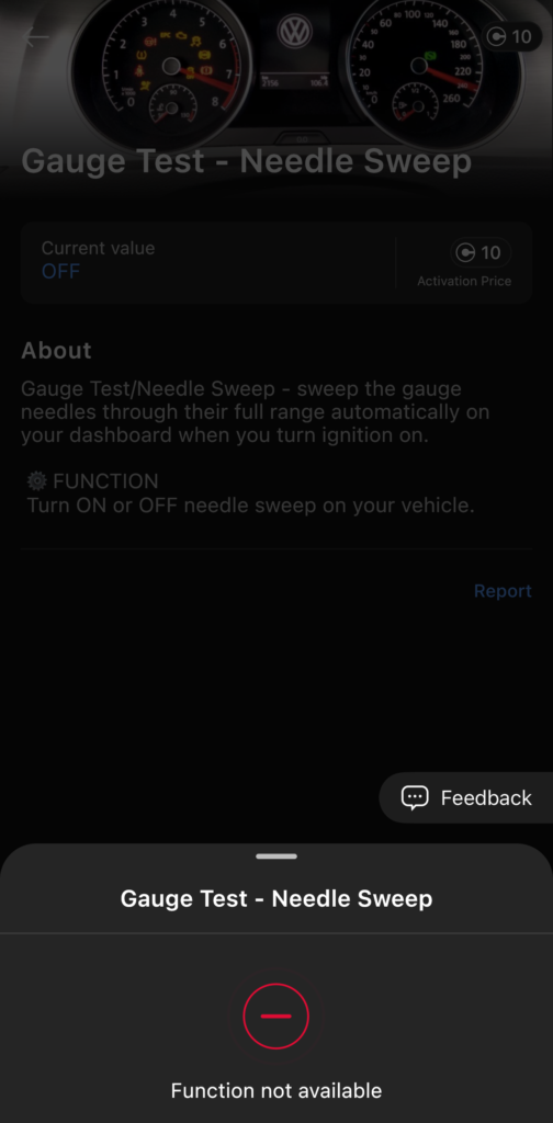 OBDeleven One-Click App on a Skoda Rapid returning Function not available with the 10-credit balance unchanged