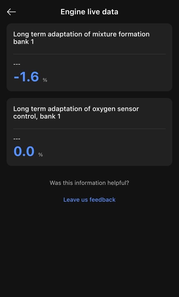 OBDeleven app showing the engine adaptation values and reset function on a VW Group car.