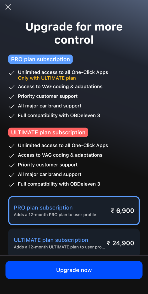 OBDeleven upgrade screen showing PRO and ULTIMATE plan prices in India and that unlimited One-Click Apps are ULTIMATE only