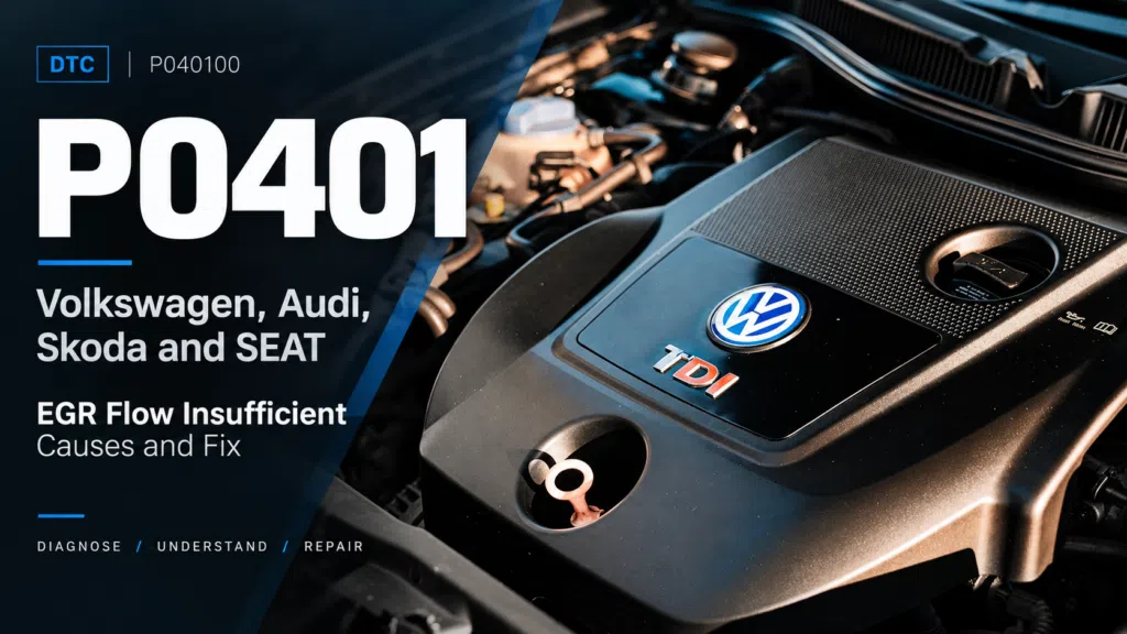 P0401 fault code (P040100) on Volkswagen, Audi, Skoda and SEAT: EGR flow insufficient, causes and fix, over a VW TDI engine cover