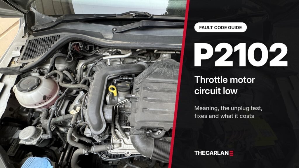 DTC P2102 Volkswagen fault code guide: throttle motor circuit low, shown over a 1.0 TSI engine bay
