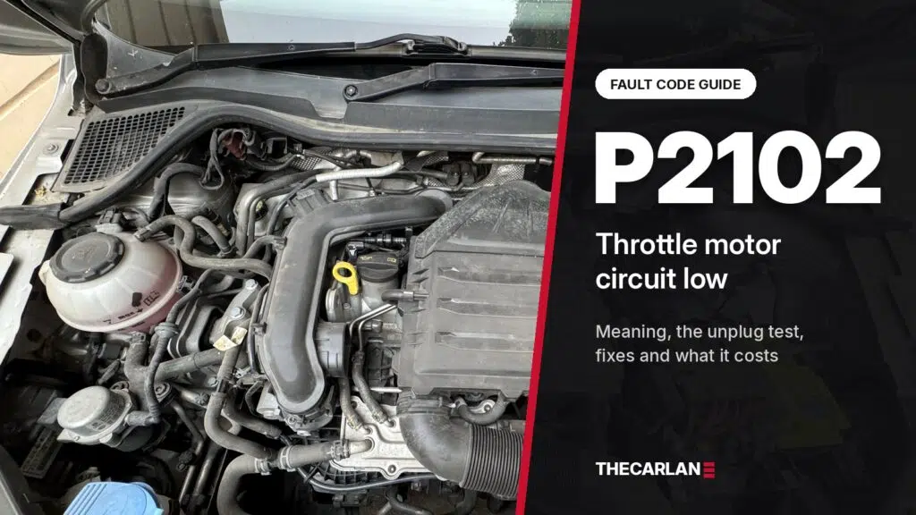 DTC P2102 Volkswagen fault code guide: throttle motor circuit low, shown over a 1.0 TSI engine bay