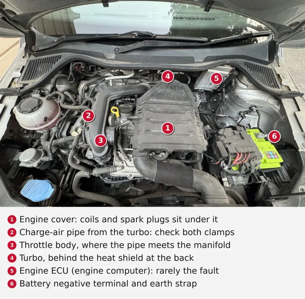 Skoda Rapid 1.0 TSI engine bay with the six parts behind VW limp mode marked: throttle body, charge-air pipe, turbo, coils, ECU and battery earth.