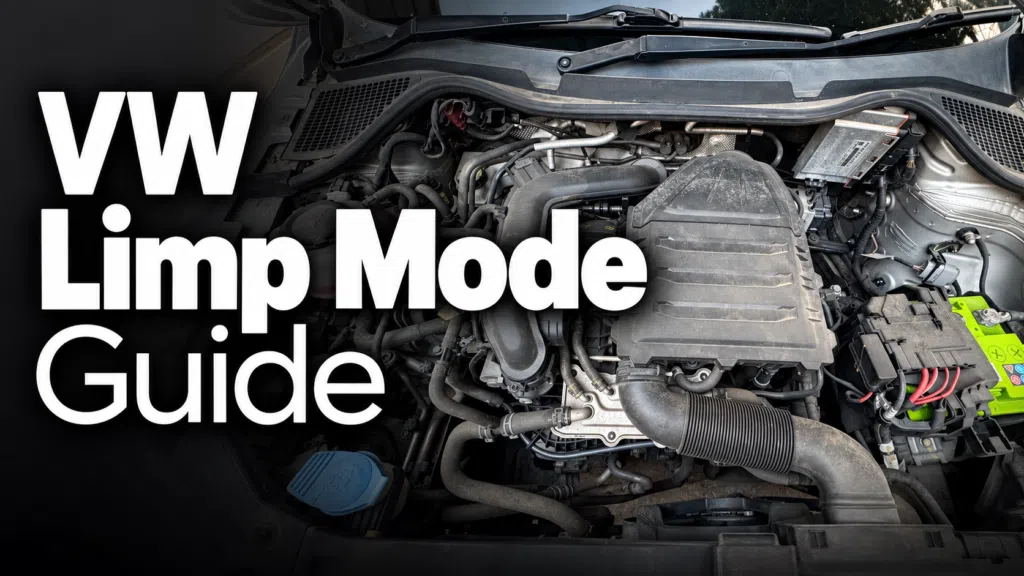 Engine bay of a Volkswagen TSI petrol car under an open bonnet, with the words VW Limp Mode Guide over it.