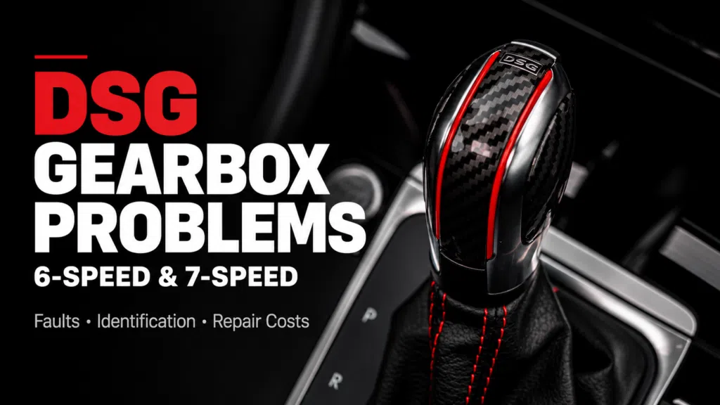 DSG gearbox problems, 6-speed and 7-speed: faults, identification and repair costs, beside a close-up of a DSG gear selector.