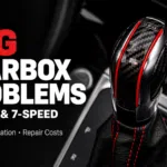 DSG gearbox problems, 6-speed and 7-speed: faults, identification and repair costs, beside a close-up of a DSG gear selector.
