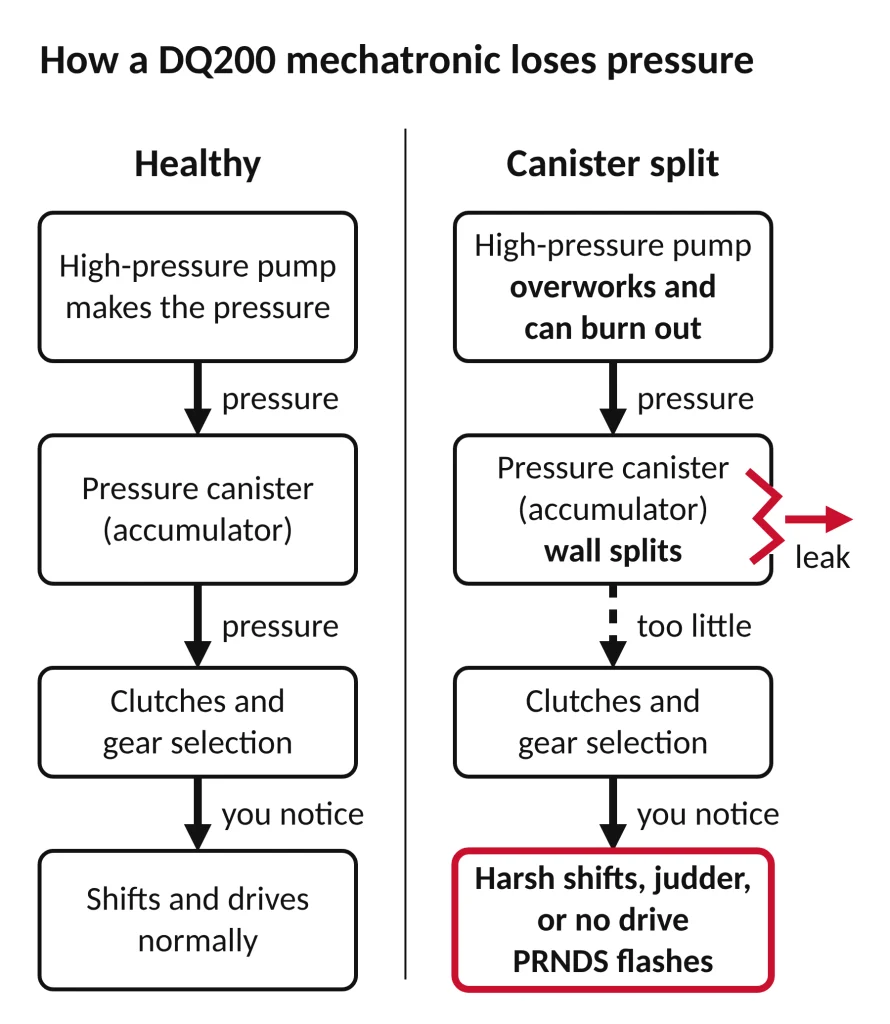 DQ200 mechatronic, healthy against a split pressure canister: pressure leaks, the pump overworks, and the car gets harsh shifts, judder or no drive.