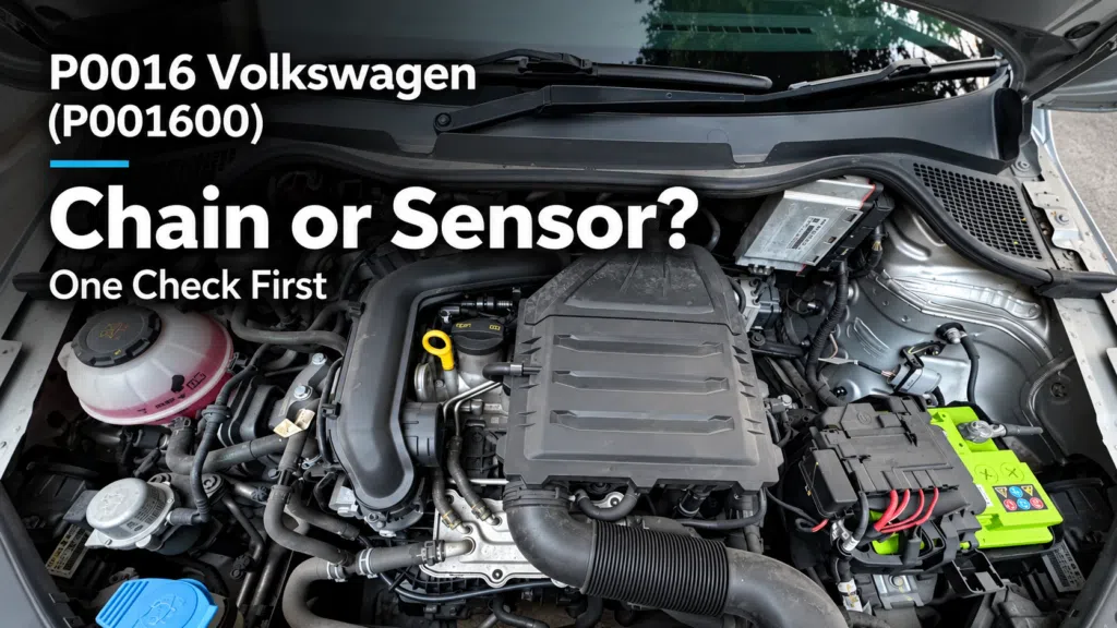 Engine bay of a Volkswagen petrol car with the title P0016 Volkswagen (P001600): Chain or Sensor? One Check First