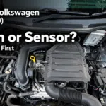 Engine bay of a Volkswagen petrol car with the title P0016 Volkswagen (P001600): Chain or Sensor? One Check First