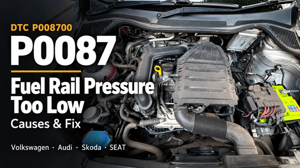 P0087 Volkswagen fault code: fuel rail pressure too low, causes and fix, over a VW-group TSI engine bay