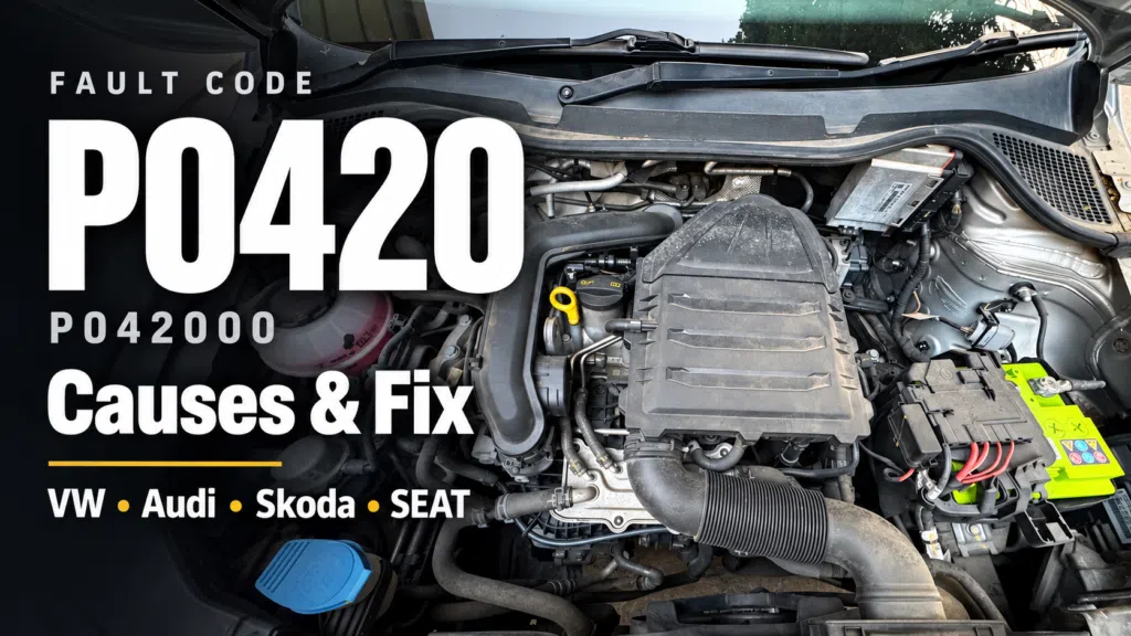 P0420 code (P042000) causes and fix for VW, Audi, Skoda and SEAT, shown over the engine bay of a petrol TSI car