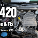P0420 code (P042000) causes and fix for VW, Audi, Skoda and SEAT, shown over the engine bay of a petrol TSI car
