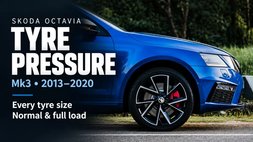 Skoda Octavia tyre pressure guide for the Mk3, 2013 to 2020, shown over a blue Octavia vRS front wheel