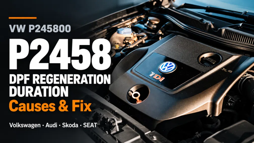 VW P245800 (P2458) DPF regeneration duration fault guide, shown over a VW TDI engine cover