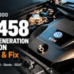 VW P245800 (P2458) DPF regeneration duration fault guide, shown over a VW TDI engine cover